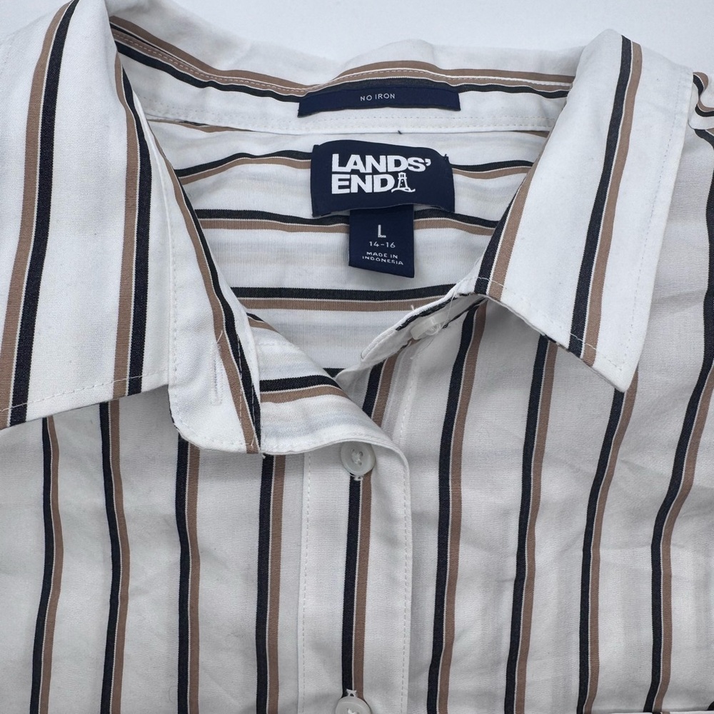 Lands' End No Iron White With Navy/Tan Striped Button Down‎ Shirt, Size Large - Picture 13 of 13